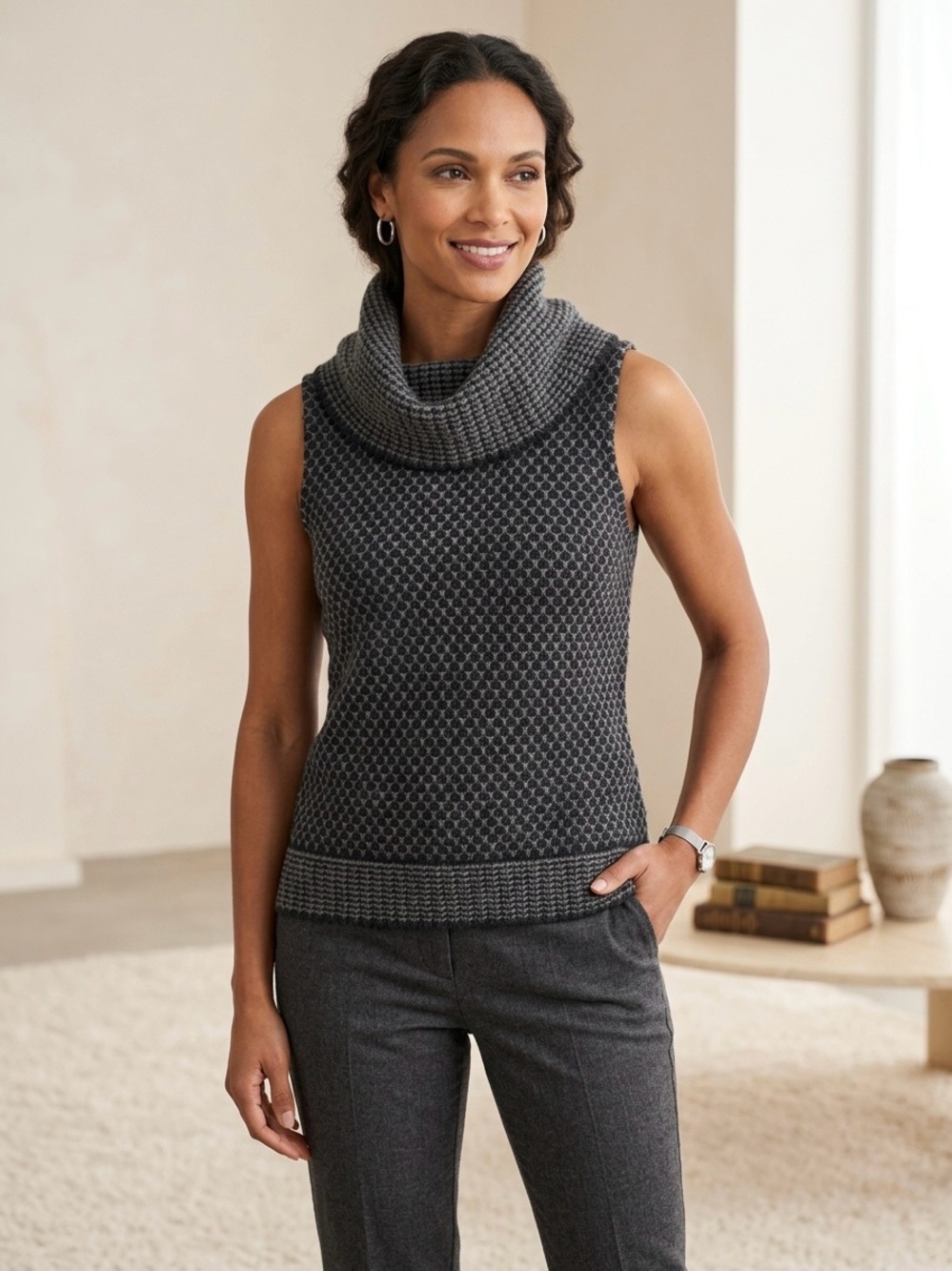 Nine West Wool Blend Honeycomb Knit Cowl Neck Sleeveless Sweater Size Xlarge
